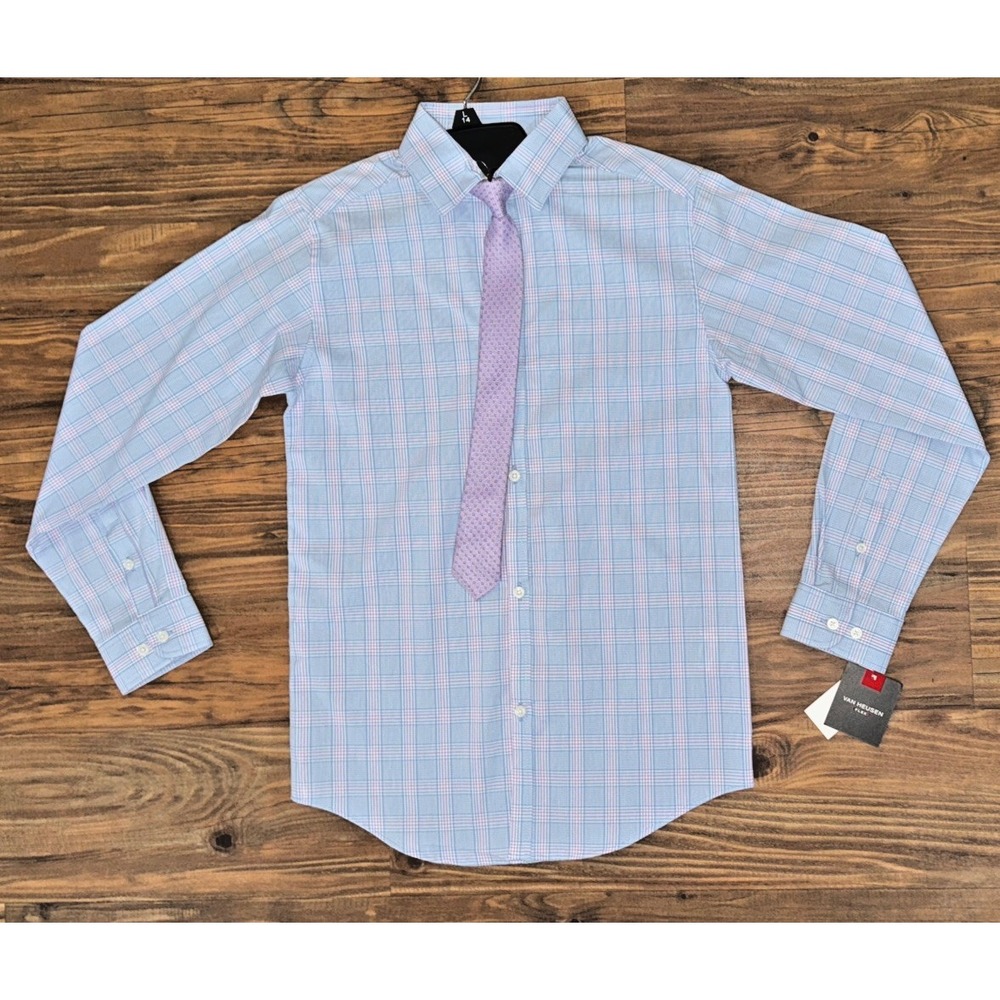 Van Heusen Button Up Shirt Boys‎ 10/12 Pastel Blue Pink Plaid Preppy Formal Tie